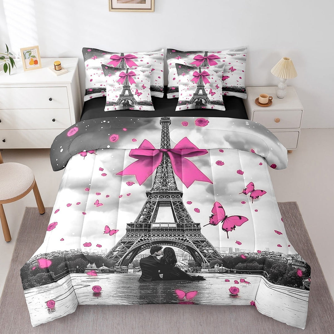 Pink Paris Bedding Set Full,Eiffel Tower of France Comforter Set for Women Couple,Romantic City Bed in a Bag(Comforter,Sheets,Pillowcases &amp; Cushion Covers)7 Pieces Bed Set with Bowknot