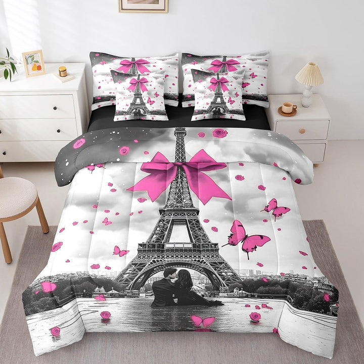Pink Paris Bedding Set Full,Eiffel Tower of France Comforter Set for Women Couple,Romantic City Bed in a Bag(Comforter,Sheets,Pillowcases &amp; Cushion Covers)7 Pieces Bed Set with Bowknot