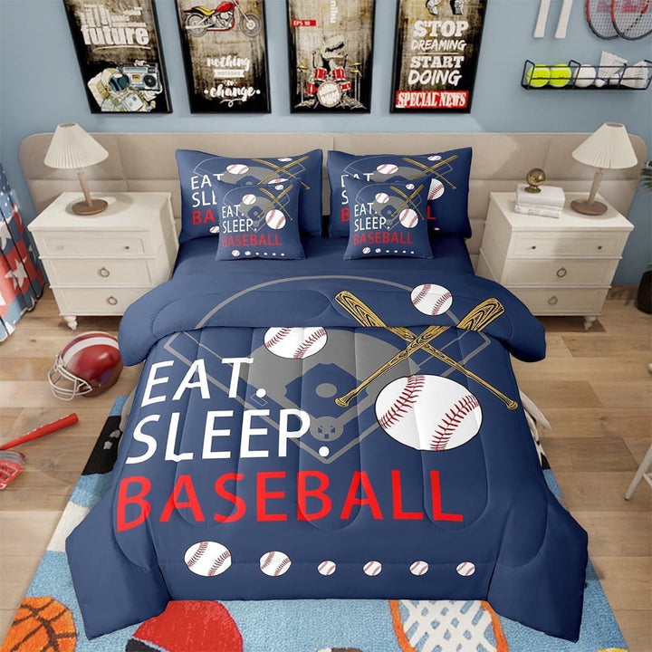 Erosebridal Baseball 7 Piece Bedding Set Queen Size Softball Comforter Set with Sheets for Teens Navy Blue Bed in a Bag Ball Games Bed Set