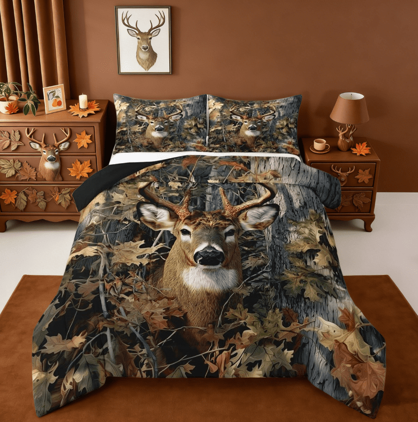 Manfei Hunting Deer Full Size Comforter Sets For Men,Camo Animal Rustic Bedding Sets Reversible 3 Pieces