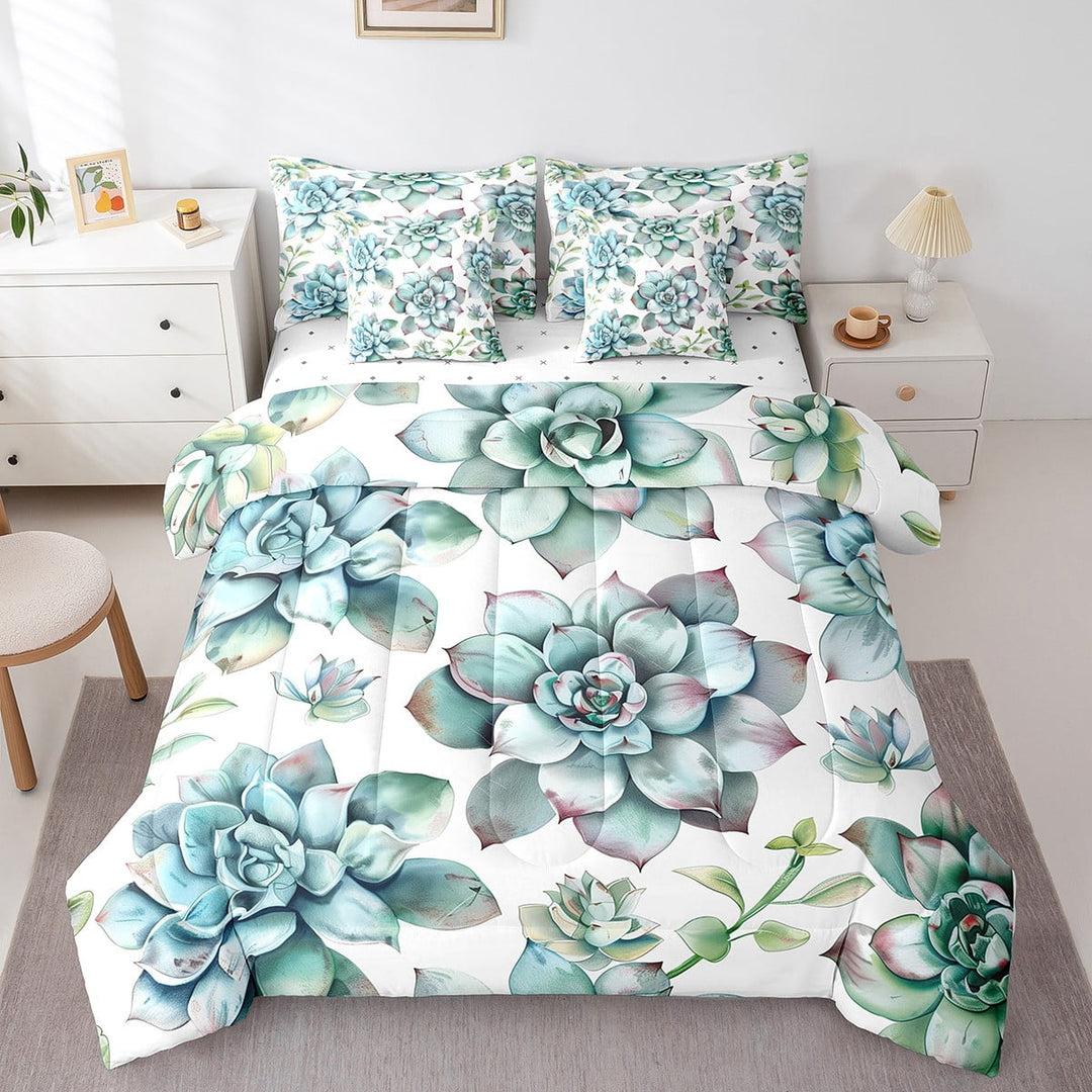 Succulents Bedding Set Exotic Flower Bed In A Bag,Tropical Botanical Comforter 7 Pieces Queen Green Plant Bed Set Teens