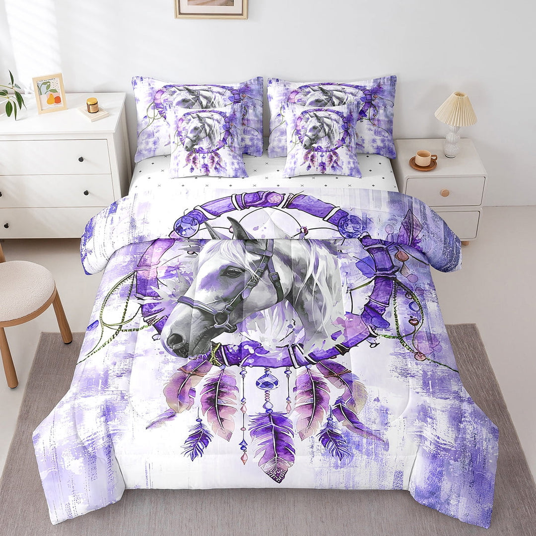 3D Horse Bedding Comforter Sets 7pcs Boho Dreamcatcher Bed in a Bag,Farmhouse Animal Twin Bedding Sets Purple Watercolor Comforter Set,Oil Painting Aesthetic Bedding Sets