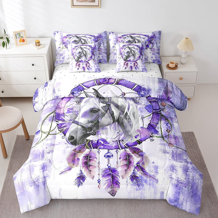 3D Horse Bedding Comforter Sets 7pcs Boho Dreamcatcher Bed in a Bag,Farmhouse Animal Twin Bedding Sets Purple Watercolor Comforter Set,Oil Painting Aesthetic Bedding Sets