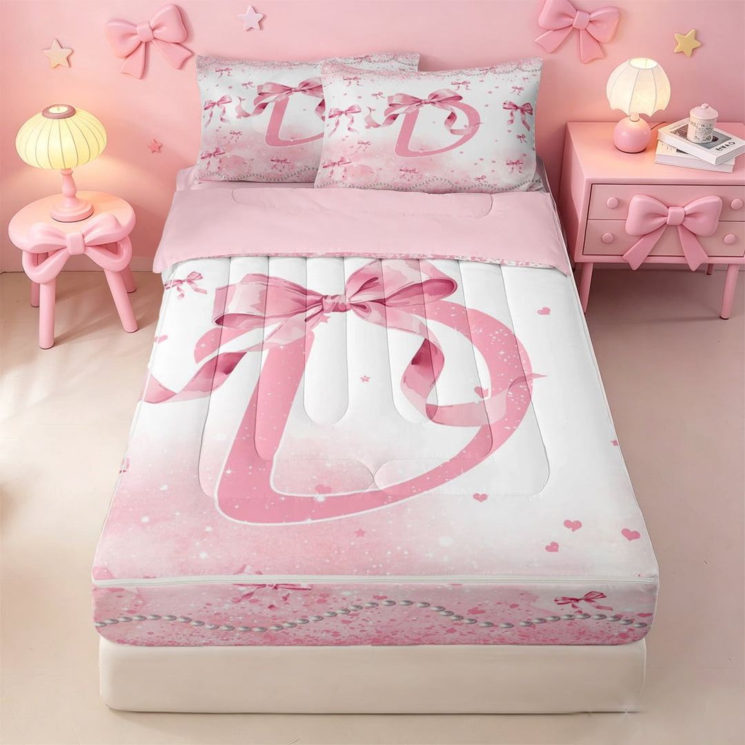 meiyoeat Girly Bow Monogrammed D Zipper Twin Comforter Sets with Fitted Sheet and 2 Pillowcases,Pink Pearl Initial Print Zipper Bedding Set For Girl,Pink Reversible,4 Pieces