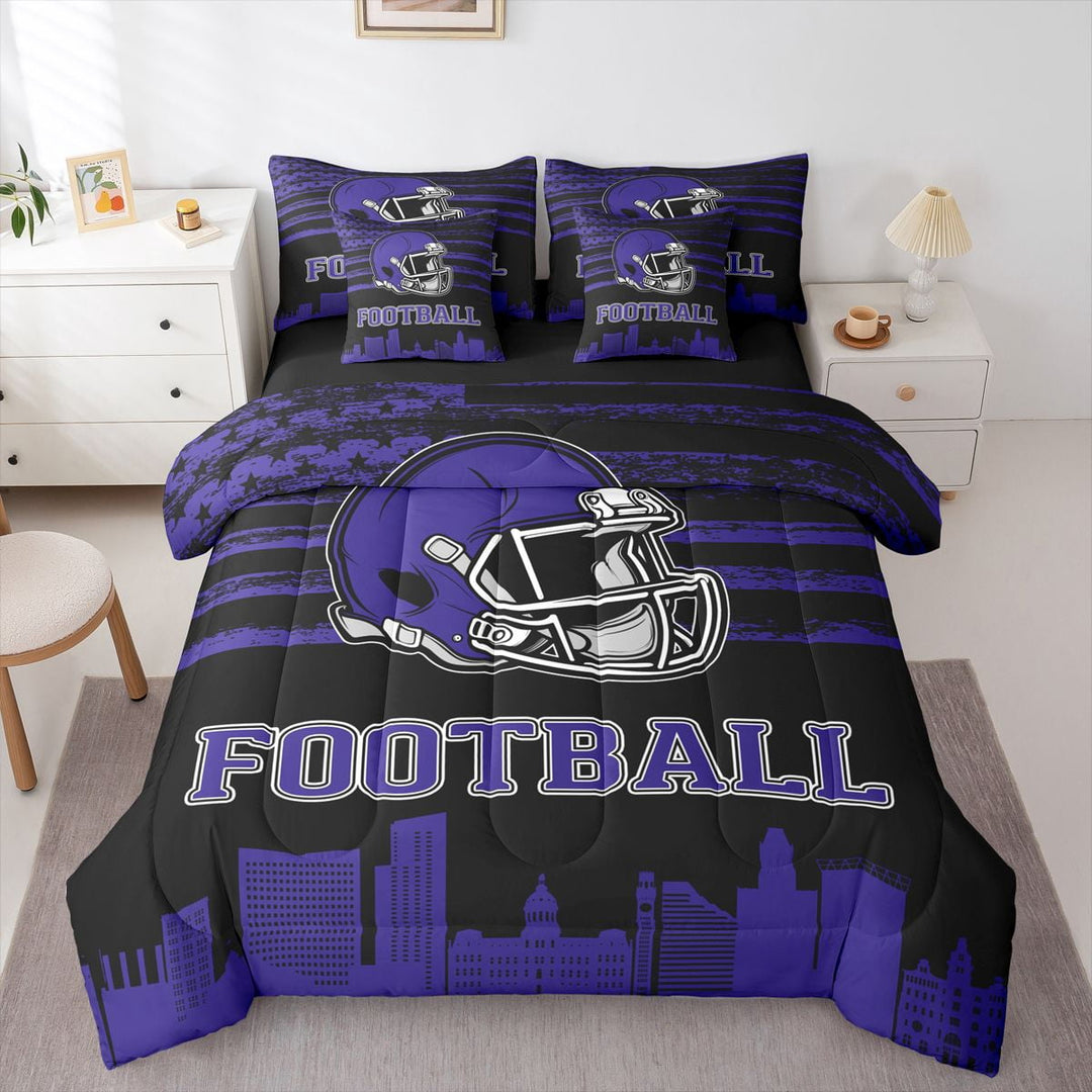 Erosebridal American Football City Bed in a Bag Twin Size,Baltimore Bed Set,purple Rugby Helmet Bedding Twin Size For Boys,Lightweight Room Decoration Reversible,7 Pieces