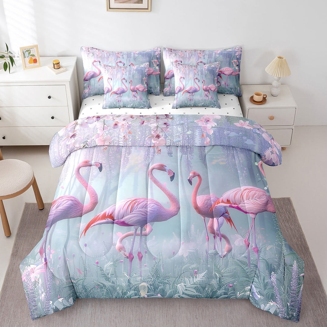 3D Flamingo Bed in a Bag Queen Comforter Set 7 Piece,Tropical Botanical Bedding Sets Jungle Weed Sheet Set with Comforter,Purple Leaves Plant Leaf Bed Set
