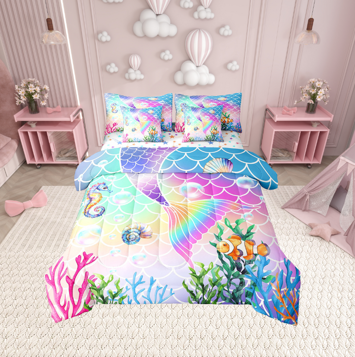 Erosebridal Cartoon Mermaid Bed in a Bag Twin size, Fairy Tale Bed Set, Marine Princess Reversible Bedding Twin Size, Ultra Soft Room Decor, 7 Pieces