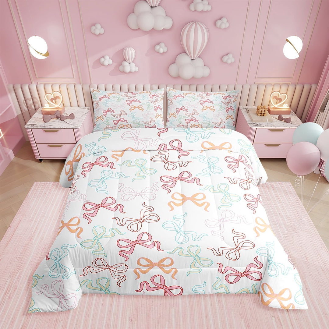 Erosebridal Girly Bowknot Comforter Sets,King Cute Bows Bedding Set,Watercolor Bow Down Comforter,Romantic Pricess Reversible Bed Set with 2 Pillowcases Warm