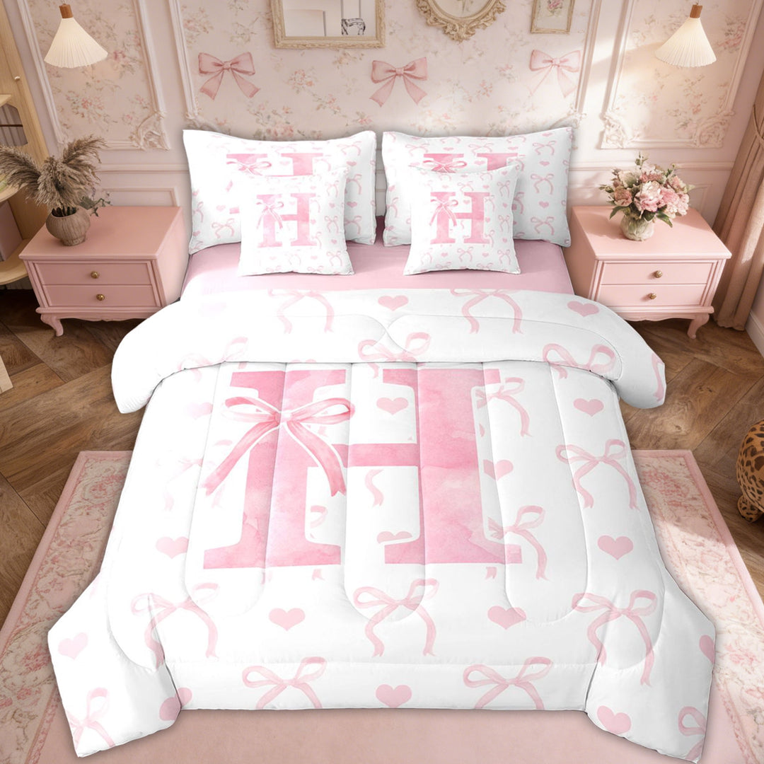 Erosebridal Pink Bow Tie Bedding Twin Size, Initial H Letter Bed in a Bag Twin size, Catoon Room Decor, Reversible 7 Pieces