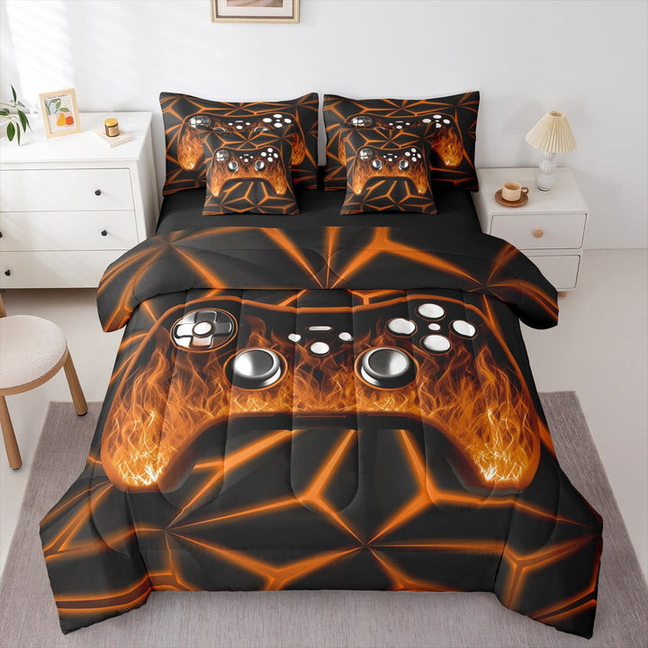 Erosebridal Gaming Bedding Twin Size 7-Piece , Abstract Lines Bed Set, Black Orange, Reversible