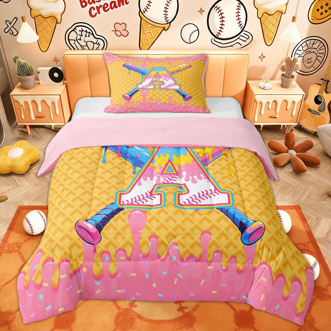 Erosebridal Kids Pink Initial A Letter Twin Comforter Sets, Baseball Ice Cream Bedding Set, 2pcs