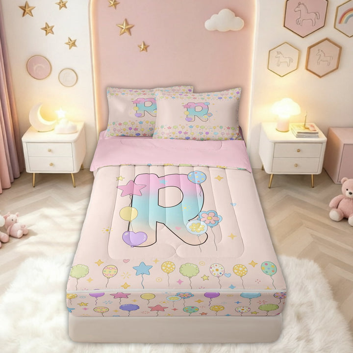meiyoeat Pastel Balloon Letter R Zipper Comforter Set with Fitted Sheet and 2 Pillowcases for Boys Girls, Cute Monogram Zipper Bedding Set, Pink Reversible, 3pcs