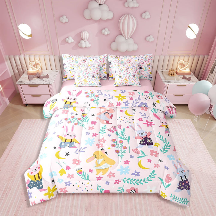 Erosebridal Cartoon Rabbit Bedding Twin Size 7-Piece, Animal Bunnies Bed Set, Reversible