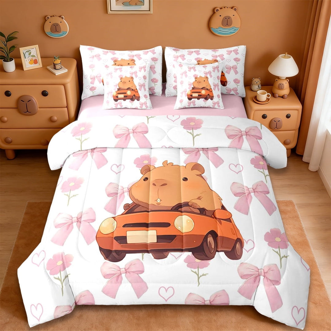 Erosebridal Kawaii Capybaras 7-Piece Twin Bedding Sets,Cute Rodent Animal Capybara Decorations Bedding Comforter Set For Kids Teens ,Reversible Pink