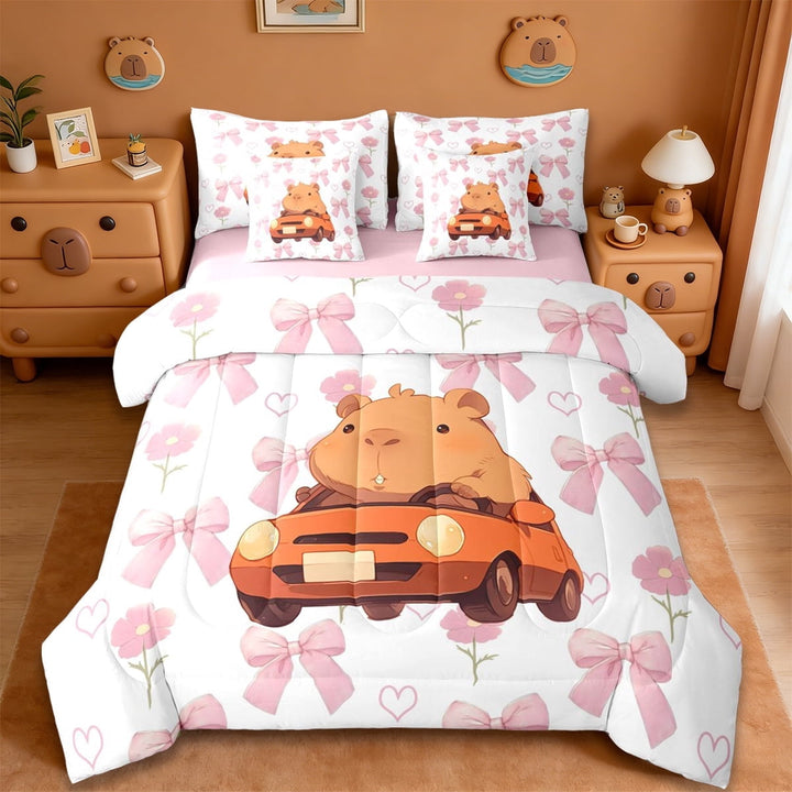 Erosebridal Kawaii Capybaras 7-Piece Twin Bedding Sets,Cute Rodent Animal Capybara Decorations Bedding Comforter Set For Kids Teens ,Reversible Pink