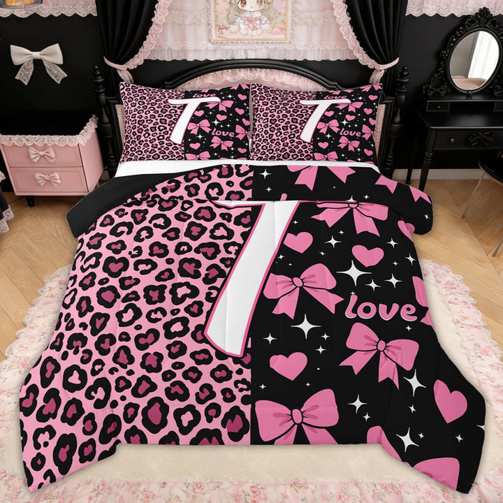 Erosebridal Leopard Print Letter T Full Size Comforter Sets for Girls, Pink Initial Ribbon Bedding Sets, Black Reversible, 3-Piece