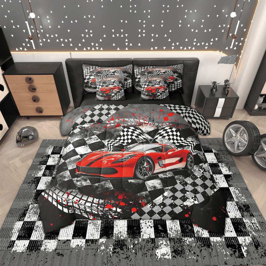 Erosebridal Teens Racing Car Bed in a Bag Twin Size, Extreme Sports Bed Set Men, Black Red, Reversible 7 Pieces