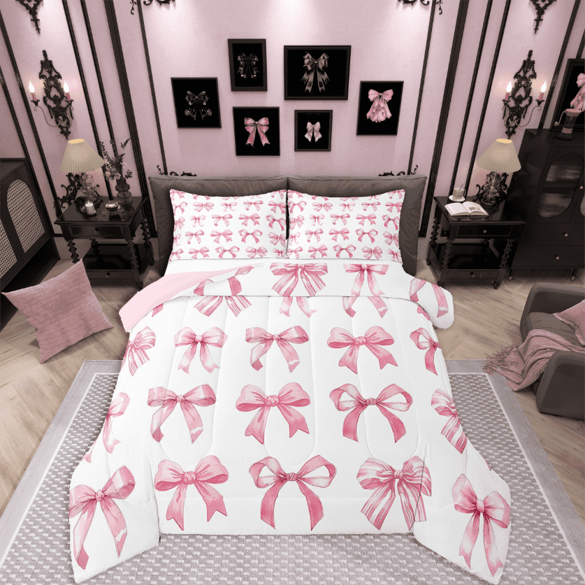 Manfei Kawaii Bowknot Girl 3pcs Full Comforter Set - Pink Ribbon Bow Style