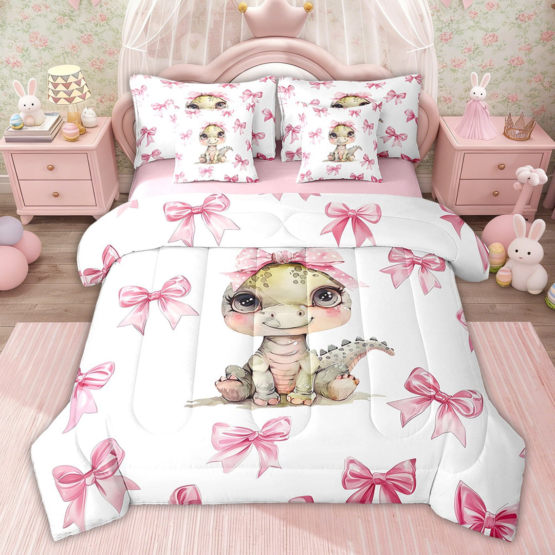 Erosebridal Girls Kids Pink Bow-Tie Bedding Twin Comforter Set, Dinosaur Down Comforter, Cartoon Wildlife Decor, Pink Reversible, 7pcs