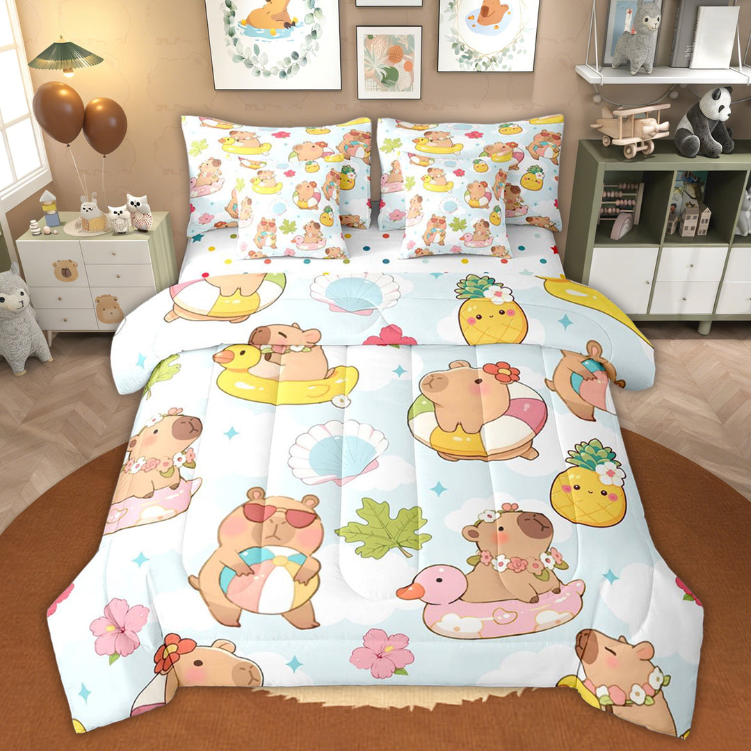 Erosebridal Swimming Capybara Kid Twin Bedding Sets, Summer Ocean Seashell Bedding Comforter Set, 7-Piece