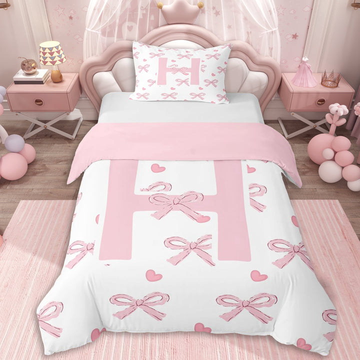 Erosebridal Pink Letter Monogrammed H Twin Bedding,Girls Kawaii Love Heart Bow Knot Duvet Cover Set,Pink Reversible,Luxury Bedroom Decor,2pcs,No Comforter