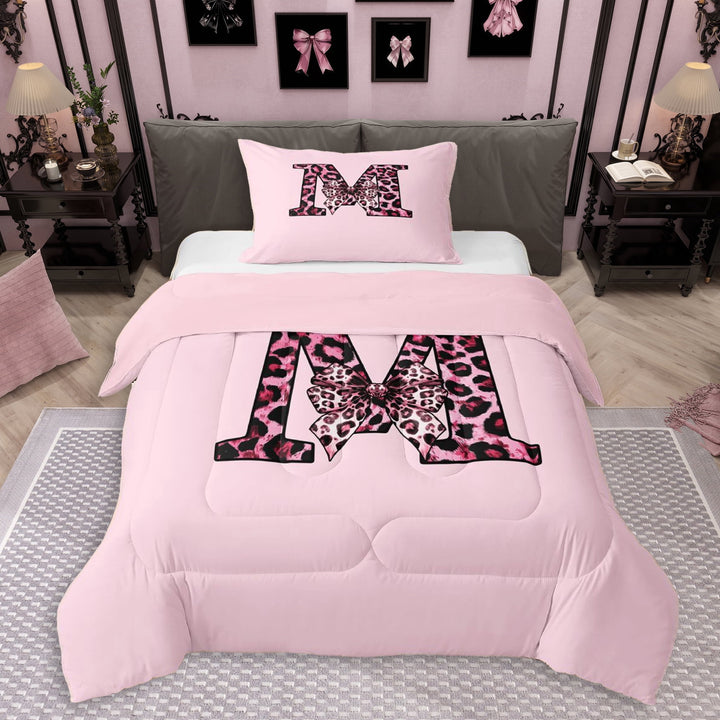 Erosebridal Kawaii Cheetah Print Bow Girl Twin Comforter Sets 3-Piece,Girls Teens Leopard Print Letter Monogrammed M Bedding Set,Pink Reversible