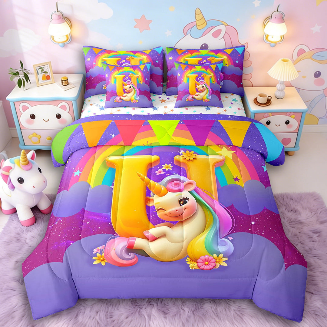 Manfei Stars Unicorn 7 Pieces Bedding Comforter Set,Colorful Rainbow Full Bedding Set Lightweight,Galaxy Universe Fitted Sheet Flat Sheet,Super Cozy Alphabet Bedroom Decorative,Reversible