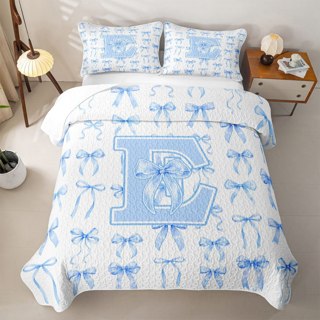 Manfei Letter E Initial Monogram Quilt Full For Kids,Girly Bowknot Full Bedspread Sets For Bow Lovers,3-Piece