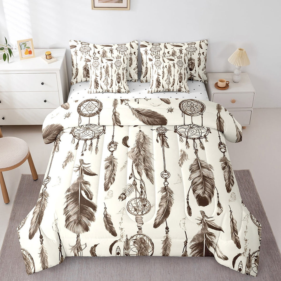 7 Piece Boho Dream Catcher Bedding Set Twin Comforter Set,Vintage Exotic Dreamcatcher Bed in a Bag,Bohemian Feather Flat Fitted Sheet,Tribal Style Bedding Comforter Sets