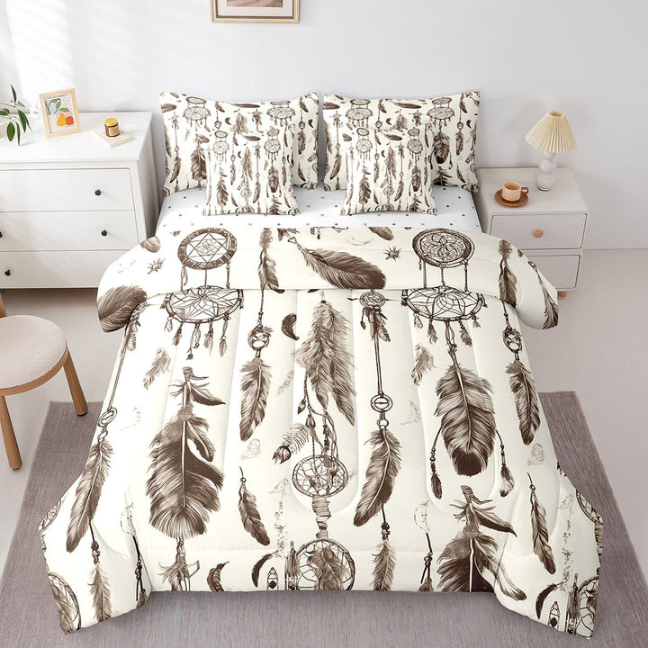 7 Piece Boho Dream Catcher Bedding Set Twin Comforter Set,Vintage Exotic Dreamcatcher Bed in a Bag,Bohemian Feather Flat Fitted Sheet,Tribal Style Bedding Comforter Sets