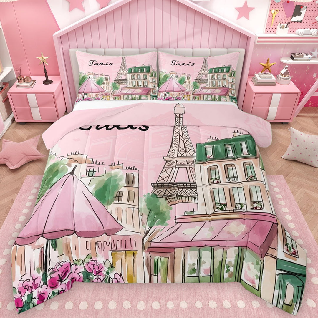 Manfei Paris Fashion Girl Full Size Comforter Sets, Pink Art Watercolor Bedding Comforter Set, Cartoon Eiffel Tower Reversible Bedding Sets, Super Cozy Room Decor, 3 Pieces
