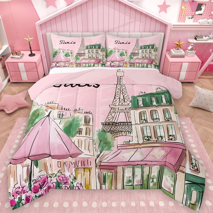 Manfei Paris Fashion Girl Full Size Comforter Sets, Pink Art Watercolor Bedding Comforter Set, Cartoon Eiffel Tower Reversible Bedding Sets, Super Cozy Room Decor, 3 Pieces