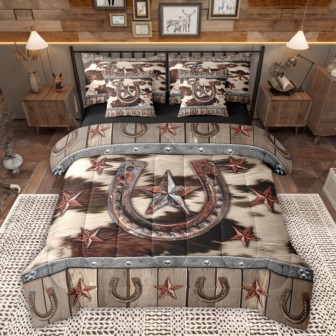 Manfei Rustic Western Bedding Sets Full Size, Texas Stars Bed in a Bag Full size, Farmhouse Cow Print Reversible Comforter Sets with Sheets, Ultra Soft Bedroom Decorative, 7pcs