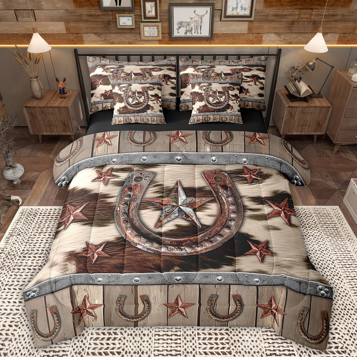Manfei Rustic Western Bedding Sets Full Size, Texas Stars Bed in a Bag Full size, Farmhouse Cow Print Reversible Comforter Sets with Sheets, Ultra Soft Bedroom Decorative, 7pcs