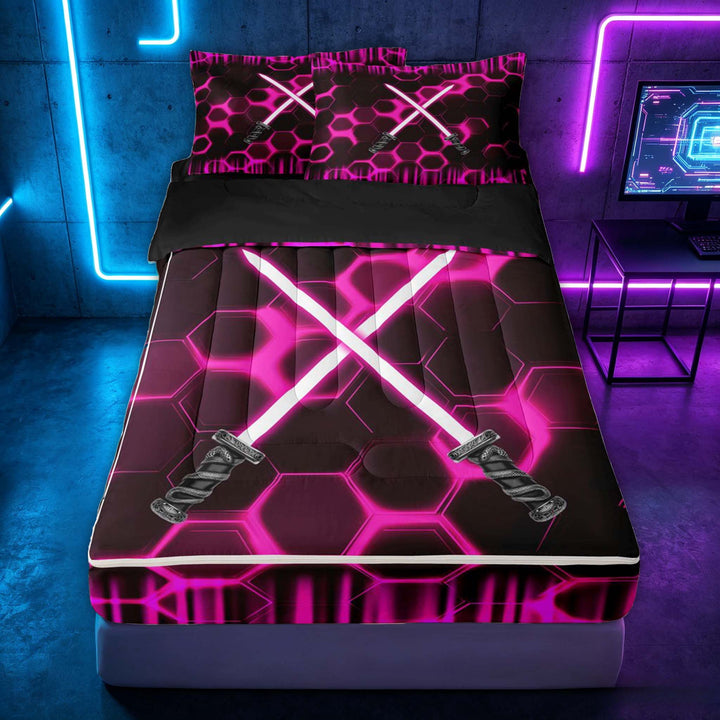 meiyoeat Neon Zipper Twin Comforter Sets with Fitted Sheet and 2 Pillowcases for Boys, Sci-Fi Pink Gaming Zipper Bedding Set, Black Reversible