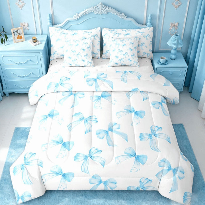 Manfei Sky Blue Bow 7 Pieces Bedding Comforter Set For Kids Girls,Cute Dreamy Princess Style Full Bedding Set Bow Pattern Comforter Reversible