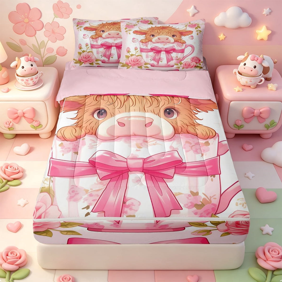 meiyoeat Ckawaii Highland Cattle Zipper Full Size Comforter Sets with Fitted Sheet and 2 Pillowcases,Pink Bow Floral Blossom Zipper Bedding Set For Girls,Pink Reversible,4pcs