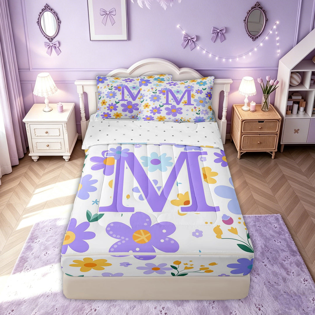 meiyoeat Spring Daisy Floral Zipper Twin Comforter Sets with Fitted Sheet and 2 Pillowcases for Women Girls, Cute Initial M Letter Zipper Bedding Set, Lavender Purple, Reversible, 4-Piece
