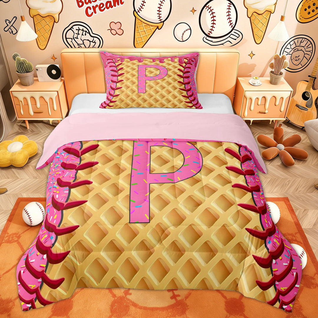 Erosebridal Baseball Ice Cream Twin Comforter Sets for Kids, Pink Initial P Letter Bedding Set, 2 Pieces