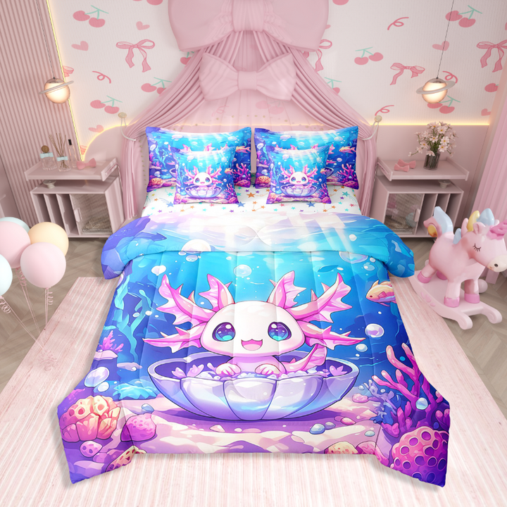 Erosebridal Kawaii Axolotl Bedding Sets Twin Size,Ocean Animal Comforter Sets With Sheets,Bedroom Decor,Reversible,Breathable,7Pcs