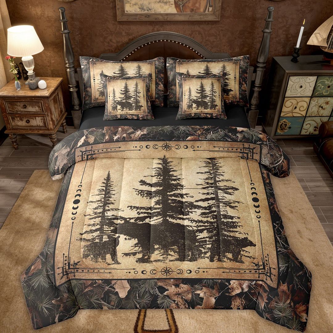 Tree Camo Cabin Comforter Set King 7 Piece Rustic Farmhouse Bedding Sets With Sheets Camouflage Hunting Wildlife Bear Bed In A Bag Teen Men,Woodland Pine Tree Animal Bed Set