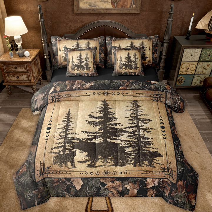 Tree Camo Cabin Comforter Set King 7 Piece Rustic Farmhouse Bedding Sets With Sheets Camouflage Hunting Wildlife Bear Bed In A Bag Teen Men,Woodland Pine Tree Animal Bed Set