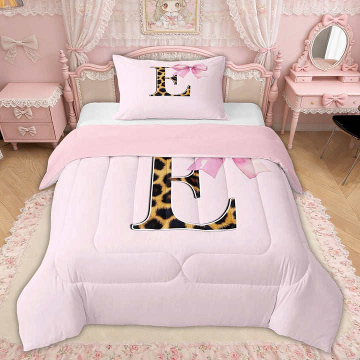 Erosebridal Pink Watercolor Bow Twin Comforter Sets, Fashion Monogrammed E Bedding Set for Girls Kids, Pink Reversible, 2pcs