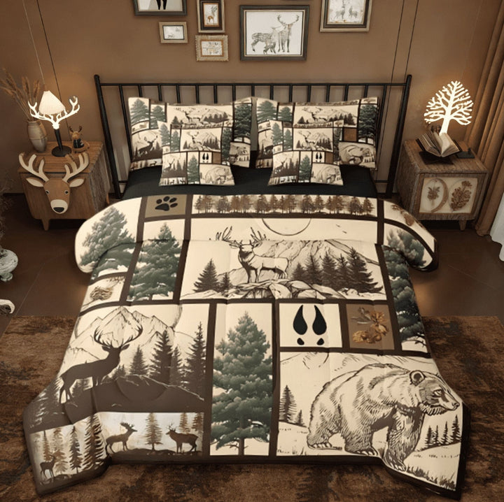 Manfei Deer Bear Moose 7 Pieces Bedding Comforter Set,Wild Animal Rustic Cabin Country Tree Mountain Full Bedding Set Reversible
