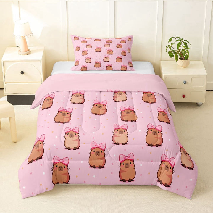 Erosebridal Animal Capybara With Bow Twin Comforter Sets 3-Piece For Boys Girls,Dreamy Ribbon Bowknot Bedding Set For Kids,Pink Reversible