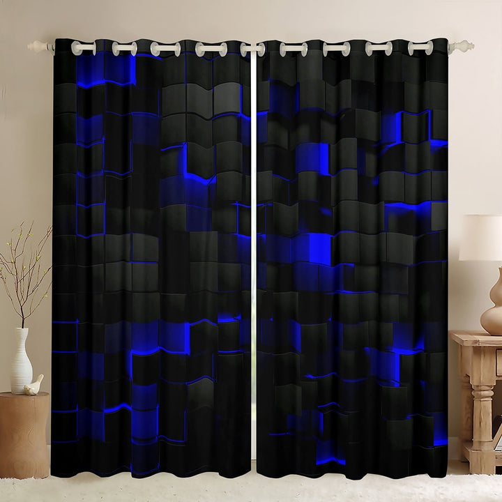 Geometric 30%-50% Blackout Curtains 38Wx45LBlack Navy Royal Blue Curtains &amp; Drapes Men Bedroom,Neon Abstract Stereoscopic Check Grid Window Curtains Square Plaid Window Treatments