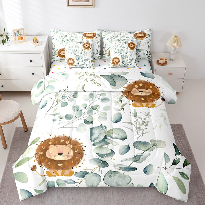 7-Piece Cartoon Animal Bedding Twin Kawaii Lion Comforter Set, Safari Wildlife Bedding Comforter Sets Jungle Animal Bed in a Bag, Botanical Green Eucalyptus Bedding Accessories