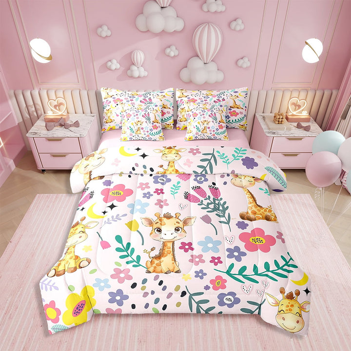 7 Piece Bed in a Bag Twin Size Comforter Set Floral Giraffe Bedding Set,Cute Animal Reversible Design,Soft Microfiber Comforter with Sheet Set,All Season(Pink,Twin)