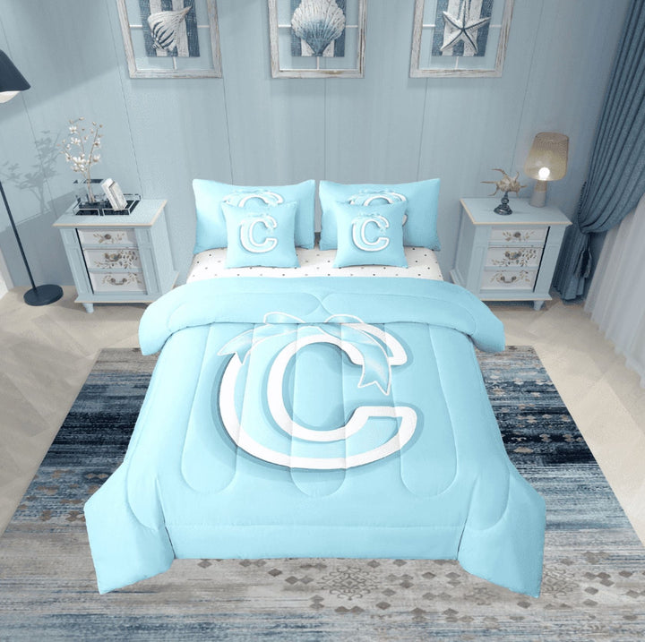 Erosebridal Monogrammed C Bedding Twin Size, Initial Letter Bed in a Bag Twin size, Blue Bow Reversible Bed Set, Super Cozy Bedroom Decor, 7-Piece