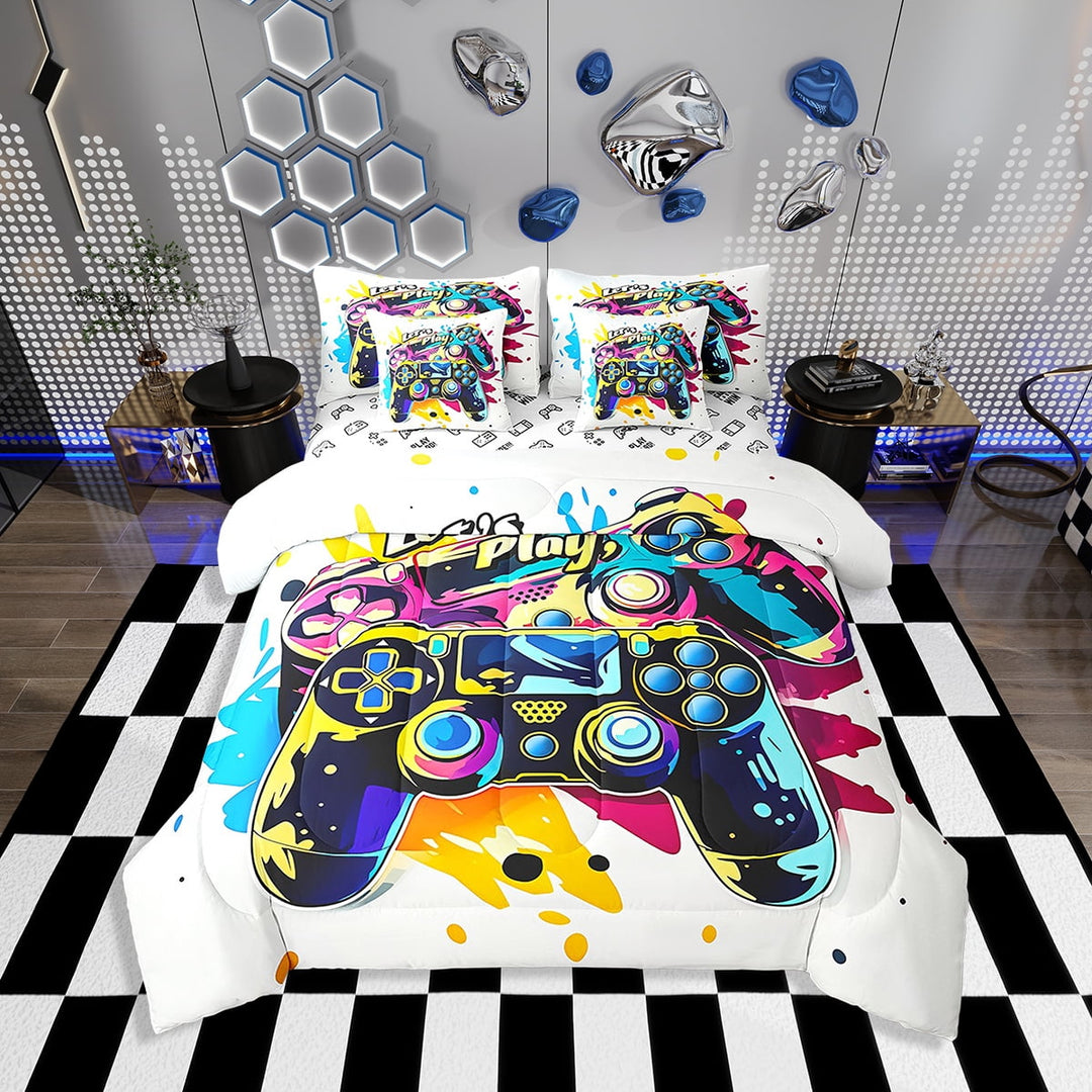 Erosebridal Gamer Comforter Set with Sheets Twin Size Gaming Bed in a Bag Set Teens Modern Game Console Controller 7 Pieces Bedding Set Joystick Room Decor Raw White